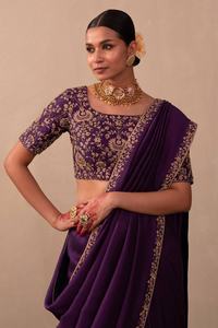 Premium Quality <b>Purple</b> Indian Long Anarkali Designer Silk <b>Saree</b> with Embroidery Work Customizable Blouse for Women Adults - Product Image 5
