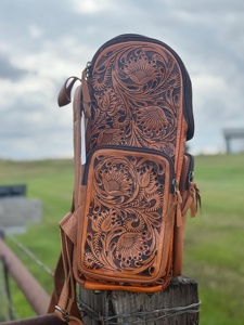 Vintage 100% Genuine Leather <b>Backpack</b> Handmade Floral <b>Tooling</b> Pattern Zipper Closure Softback Unisex 20-35L Capacity Waterproof - Product Image 2