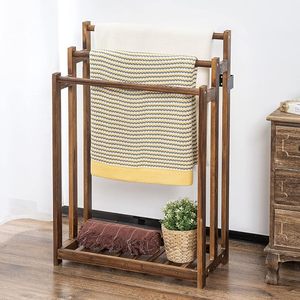 Handcrafted <b>Wooden</b> Freestanding Towel Rack with Storage Shelf Rustic Bathroom Towel <b>Holder</b> <b>Blanket</b> Stand Organizer - Product Image 5