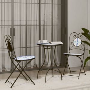 Conjunto de Muebles de Patio Estilo Bistro con Mosaico Azul y Blanco, Estructura de Hierro con Recubrimiento en Polvo y Baldosas de Cerámica - Product Image 1