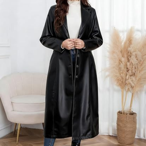 Trench-coat en similicuir pour femme, long manteau boutonné à revers, veste classique à l'aspect cuir avec ceinture pour l'automne et l'hiver - Product Image 2