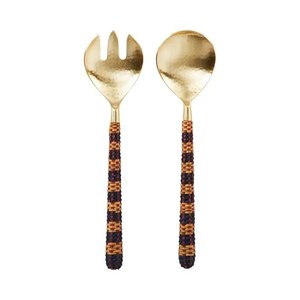 American Style Metal Spoon & Fork Set With Brass Gold Leaf Design Handle for Hotels Tabletop Silver Salad <b>Server</b> On Sale - Product Image 4