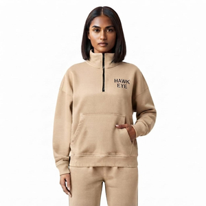 Sweat-shirt tendance beige pour femme, épais, à col montant semi-zippé, coupe oversize, épaules tombantes, couleur unie - Product Image 6
