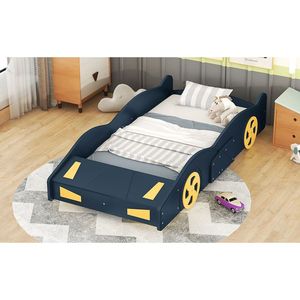 Letto a piattaforma a forma di auto da corsa blu scuro e giallo, singolo, con ruote e contenitore, per bambini - Product Image 4