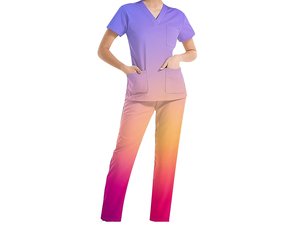 Conjunto de uniforme médico de algodón morado para mujer, top con cuello en V y bolsillos, pantalones rectos, uniformes de hospital, tela tejida, detección de agujas, venta al por mayor - Product Image 1