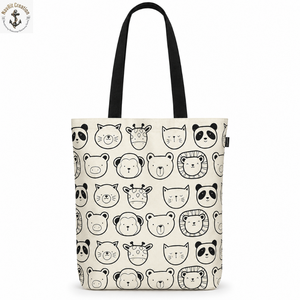 Animal Face Print Canvas Tote with Black Long Handles | Natural <b>Cream</b> Shopping <b>Shoulder</b> <b>Bag</b> for Daily Carry and Travel Use - Product Image 1