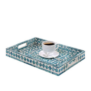 Bandeja de servicio marroquí de madera con marquetería de Damasco hecha a mano de lujo, bandeja de servicio con incrustaciones geométricas de nácar y madera. - Product Image 6