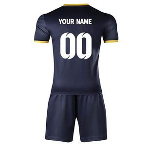 Ensemble d'uniformes de football unisexes personnalisés, bleu foncé avec points jaunes, impression par sublimation, polyester respirant, maillot et short d'équipe pour adultes, sans couture - Product Image 2