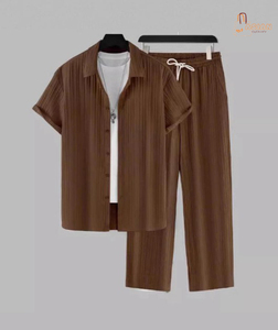 Men's Striped Short Sleeve Shirt With Turn-<b>down</b> Collar And Drawstring <b>Pants</b> Set Summer Casual Wear 100% Cotton - Product Image 5