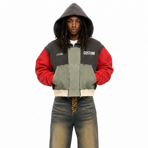 Trendy Custom Red Yellow Colorblock Heavyweight Rhinestone Studded Sleeve Zip Up Hoodie Custom Logo ODM Private Label Factory - Product Image 4
