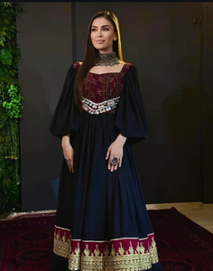 Traditional Afghan <b>White</b> Chiffon Kuchi Dress Featuring Black Velvet Bodice Intricate Gold Zari Hand Embroidery Full Floor Length - Product Image 5
