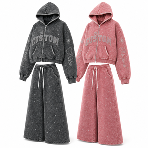 Ensemble de survêtement Y2K pour femme, violet, avec strass scintillants, style vintage délavé à l'acide, comprenant un sweat à capuche court et un pantalon de survêtement large, idéal pour l'été - Product Image 5