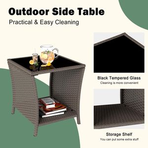 Table de patio extérieure compacte PPL avec plateau en verre trempé et étagère de rangement – Mobilier en osier durable pour balcon ou véranda - Product Image 6