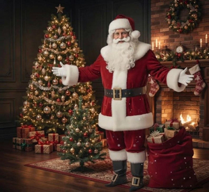 Costume de Père Noël en velours rouge avec barbe en fourrure blanche, chapeau et sac cadeau – Idéal pour les fêtes et spectacles – Prix abordable – OEM - Product Image 2
