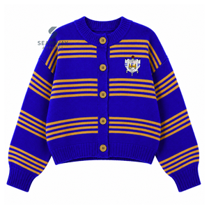 Cardigan en tricot rayé pour femmes de la sororité Sigma Gamma Rho, boutonné, manches longues, col rond, bleu et or brodé, pull décontracté - Product Image 1