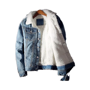 Veste en jean décontractée pour homme, 100 % coton, doublure sherpa, coupe-vent grande taille, col montant, style camionneur avec fourrure - Product Image 1