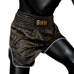 กางเกงขาสั้นมวยไทยสีดำทอง Shh กางเกงมวยผ้าซาตินของผู้ชายดีไซน์ปกติพอดีพิมพ์ลาย - Product Image 5