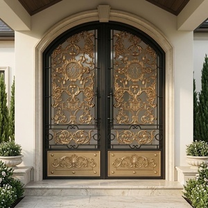A rust-resistant, manually operated traditional wrought-iron double door set, featuring an arched design and intricate patterns. - Product Image 2