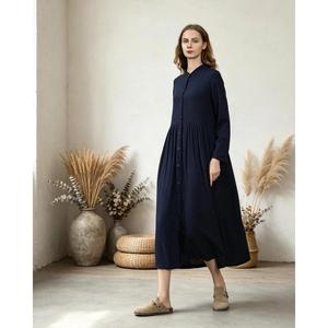 Women Navy Blue Cotton Linen Maxi <b>Dress</b> With Button Front Stand Collar <b>Loose</b> Fit Full Sleeve Summer Casual <b>Dress</b> For Women - Product Image 4