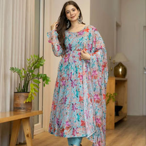 ชุดคุर्ตาอานาร์กาลีลายดอกไม้พิมพ์ลายขายส่งสุดฮิต พร้อมผ้าคลุมไหล่พิมพ์ลาย ผ้าจอร์เจตต์ ซับในผ้าเครป เย็บสำเร็จทั้งตัว - Product Image 1