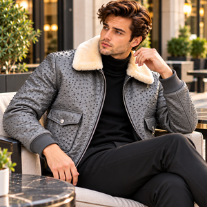 Herren-Lederjacke mit Nieten und cremefarbenem Pelzkragen, eleganter Biker-Stil und funktionale Taschen - Product Image 3