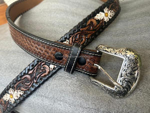 Extreme Quality Personalized Hand <b>Tooled</b> Full Grain Genuine Leather Western <b>Belt</b> Custom White Floral Cowgirl & Cowboy <b>Belts</b> - Product Image 2