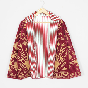 Women Velvet Embroidered <b>Jacket</b> <b>Mandarin</b> <b>Collar</b> Lantern Sleeve Floral Boho Style Autumn Coat Handmade Suzani Pattern - Product Image 2