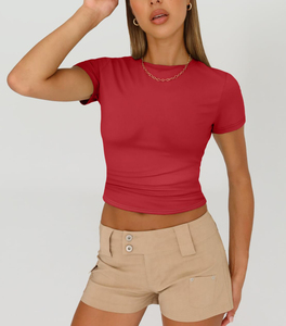 Camiseta de algodón de verano para mujer, informal, suave, transpirable, de manga corta, lisa, con logotipo personalizado, a la moda. - Product Image 4