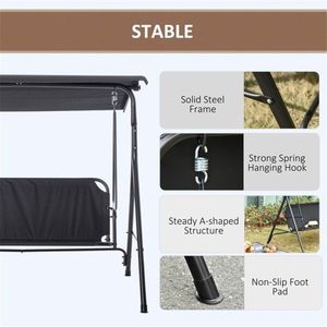 Dondolo Moderno a 3 Posti per Veranda, Sedia Sospesa da Giardino Nera con Cuscino Impermeabile e Telaio in Acciaio per Uso Interno ed Esterno, Hotel e Parchi - Product Image 2