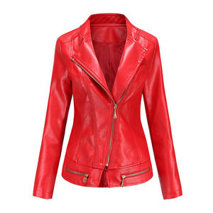 Nueva Colección 2026 Chaqueta de Cuero para Motocicleta de Mujer, Primavera-Otoño, Roja, Corte Ajustado, con Líneas Bordadas, Cuero PU - Product Image 1