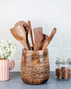 Soporte grande de madera para utensilios de cocina de 7 pulgadas, utensilios de madera hechos a mano, organizador de espátula de cocina, diseño Floral elegante - Product Image 4