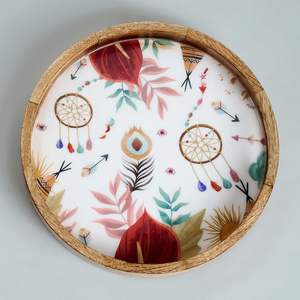 Bandeja Decorativa Multiusos con Estampado de Atrapasueños Boho, Bandeja Redonda de Madera de Mango Hecha a Mano para Pedidos al por Mayor - Product Image 3
