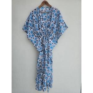 Vestido Kaftan Azul Cielo con Estampado de Bloques para Mujer, Cuello en V, Estilo Boho, Algodón, Cómodo, Holgado, Vestido Largo de Verano - Product Image 1