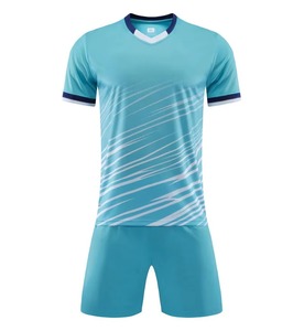 Ensemble de maillot de football pour homme à col en V, manches courtes, bleu rayé, polyester respirant, vêtements de sport d'été - Product Image 2