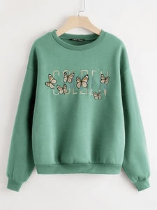 Sudadera de Cuello Redondo para Mujer, 100% Algodón, Diseño de Mariposa Bordada, Corte Regular, Informal de Otoño, Manga Larga - Product Image 1