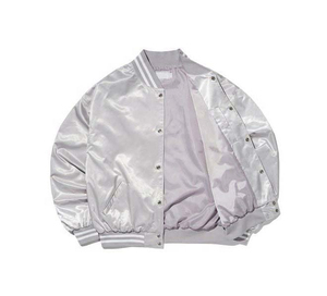 Men's <b>Silver</b> Satin Varsity <b>Jacket</b> Regular Fit Turn-down Collar Button Closure Casual Autumn Wear - Product Image 3