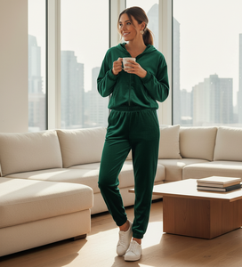 Conjunto de Ropa Deportiva para Mujer Otoño 2025, Chándal Casual de Terciopelo con Top Corto de Manga Larga con Cierre y Pantalones Acampanados a Rayas - Product Image 4