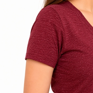 Camiseta de Algodón de Manga Corta con Cuello en V para Mujer, Color Sólido, Informal, Tejido Jersey, Transpirable, Corte Regular, para Todas las Temporadas - Product Image 4