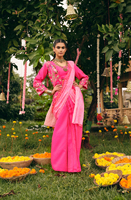 Setelan Pesta Etnik Wanita: Lehenga Saree Shimmer Bandhani Pallu, Blus Polos, Jaket Koti Bersulam, Sudah Dijahit