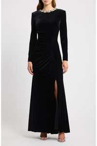 Robe de soirée fourreau en mousseline noire, asymétrique à une épaule, à manches longues, froncée, avec fente, traîne chapelle, ornée de paillettes, longueur ras du sol - Product Image 6