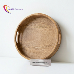 Round Mango Wood Serving Tray For Bar Restaurant Hotels High Quality With Handle Decorative Serving Platter Ottoman Wooden Trays - Product Image 2
