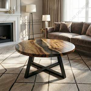 Table basse ronde en bois et résine moderne rustique, résine époxy noire transparente - Product Image 5