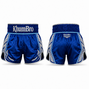 Shorts de Muay Thai personnalisés KhumBro Royal Purple White Gold, broderie jacquard, satin, impression numérique, unisexe, boxe, OEM, 160g, adultes - Product Image 5