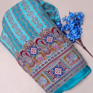 Tela Crepé Ligera de 54 Pulgadas con Patrón Paisley, Color Turquesa Sublime, Adornada con Lentejuelas Deslumbrantes, Diseño de Elefante y Pavo Real - Product Image 3