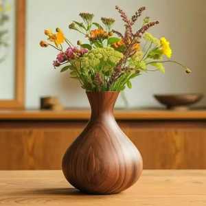 Vase en bois artisanal en forme de goutte d'eau, moderne, en noyer, pour fleurs, centre de table en bois massif lisse, décoration de salon et de maison - Product Image 1