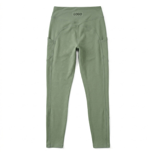 Leggings Color Verde Salvia con Bolsillo, Cintura Alta, Largo Completo, Tejido de Punto, Spandex, Poliéster, Transpirables, de Secado Rápido, Ropa Deportiva para Mujer - Product Image 1