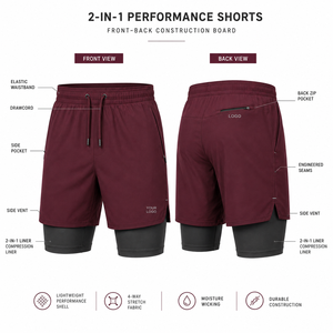 Short de sport 2-en-1 pour homme, couleur bordeaux unie, taille mi-haute avec cordon de serrage, séchage rapide, respirant, idéal pour la course à pied - Product Image 1