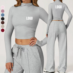 Custom Women's Solid Quick Dry Sports Fitness Sets Breathable Long Sleeve Loose Wide Leg Sweatpants Running Gym Sets - Product Image 1