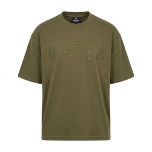 Men's T Shirt Olive <b>Green</b> Tonal Raised Text Design Crew Neck Short Sleeve Oversized Fit Casual Streetwear <b>Tshirt</b> - Product Image 3