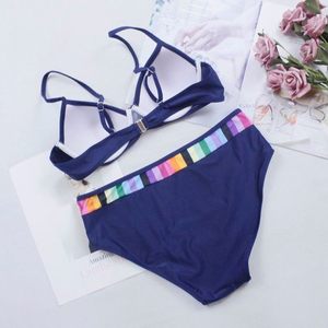 Women's Olive Green Bikini Set With <b>Rainbow</b> Stripe Contrast Binding Underwire Bra And Hipster Bottoms Stretch Spandex Nylon - Product Image 4
